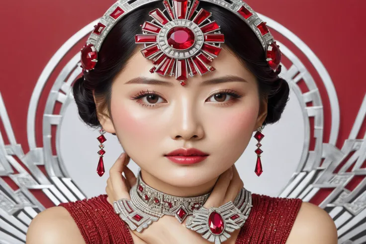 Korean woman wearing an Art Deco ruby crown, bust， pop art style ,  beautiful details ,  sharp quality 
