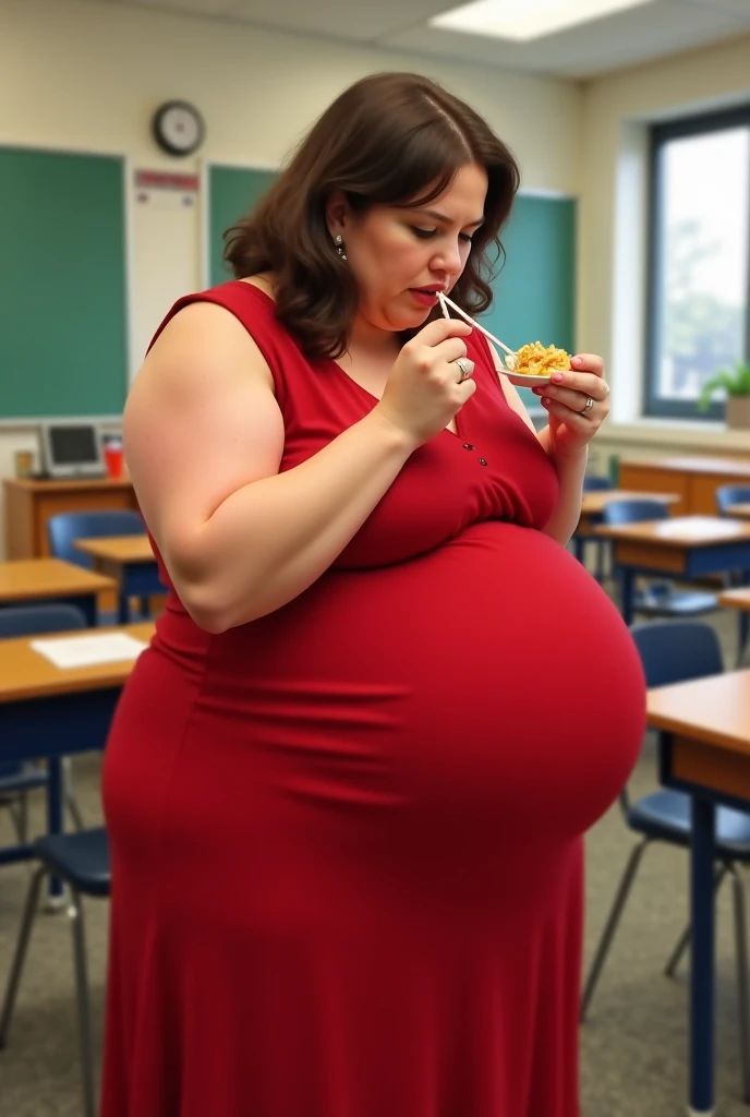 Woman teacher  chubby belly in a long red dress. White skin bruntte hair poking her belly while eating in a classroom class favourite protruding belly outwards 