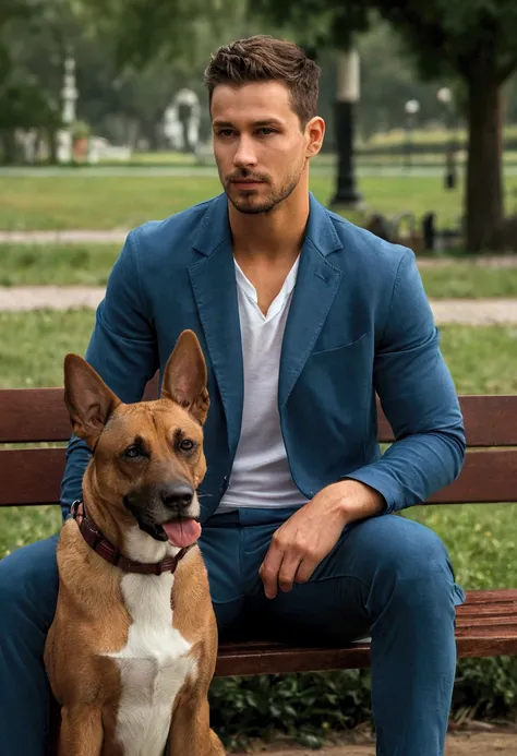 Good looking guy sitting In bench with his dog