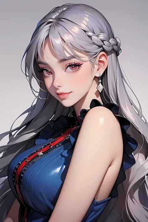 (Highest quality, masterpiece:1.2), High resolution, the ultimate masterpiece、Very detailed, realistic:1.37, Fantasy , An illustration,Gray Hair、 Red eyes、Queen, Navy and blue dress、beautifully、Eyeshadow Red、Thick eyebrows、Long eyelashes、pupils are black、s...