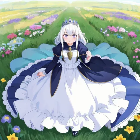 Beautiful Queen,  white hair, white and blue princess dress, full body,
 with field and flowers in the background,
 achromatic ,
 Masterpiece,  ultra high res against a flat background,  high quality,