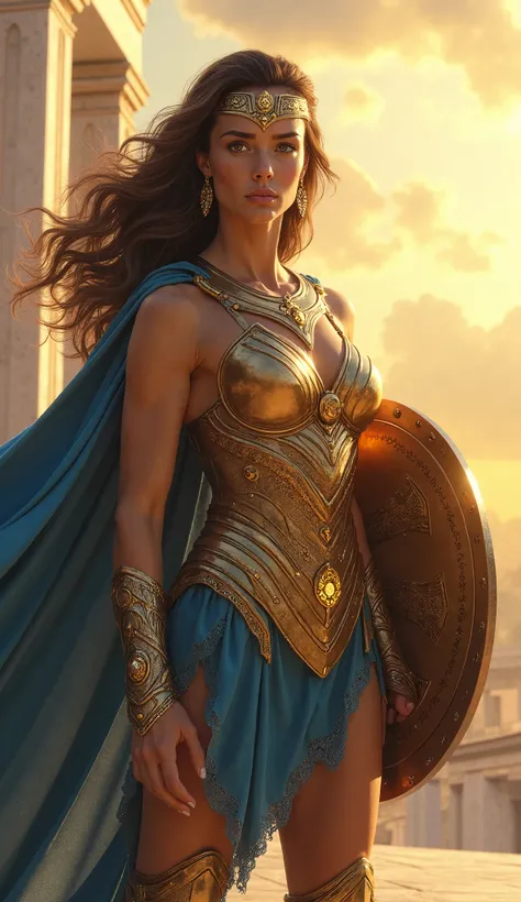 ((  best quality, 8k,   masterpiece : 1.3)), (sharp focus: 1.2), (  Gal Gadot like Athena  ,   the goddess of wisdom and strategic warfare  ), (  full body including legs ,  muscular and agile ,   long brown hair with golden reflections under divine light ...