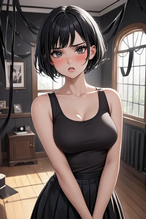 (masterpiece, best quality, 8k, high definition), whole body, 1 woman, black pixie cut, mid-chest, dark grey eyes, soft lips, beautiful face, wearing a black tanktop and tight black skirt, natural light, detailed background, Detailed Illustration Art, tsun...