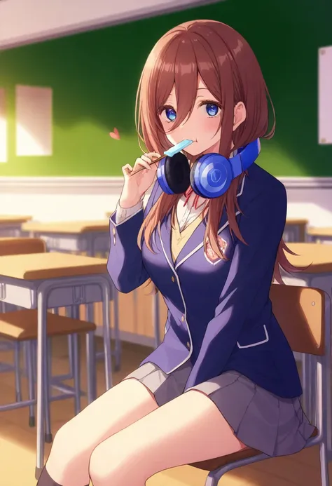  top quality、 Masterpiece、 The Quintessential Quintuplets、 1 girl、Nakano Miku、 headphones、 brown hair、 school classroom、Eating lunch