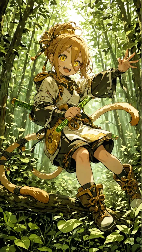 1 girl,Yaji hairstyle with long bangs,light brown color , yellow-eyed, smile with fangs , clothing bracier bandage,Keikogi ,boots,And a monkey tail,white and green and gold,holding jade rod, in a forest 