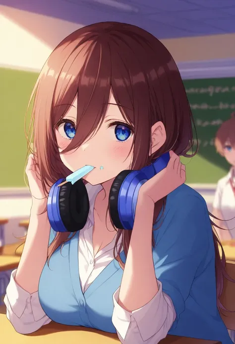  top quality、 Masterpiece、 The Quintessential Quintuplets、 1 girl、Nakano Miku、 headphones、 brown hair、 school classroom、Eating lunch