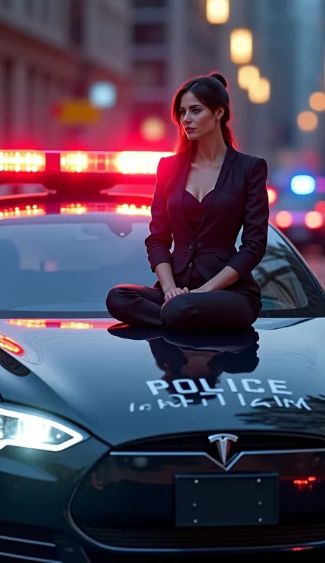  a police car with a woman sitting on the hood, police cars, police, police tesla, trending on cgstation, police officer, scout police robot, trending at cgstation, mechanized police ry, character design police man, police car lights, police officers, poli...