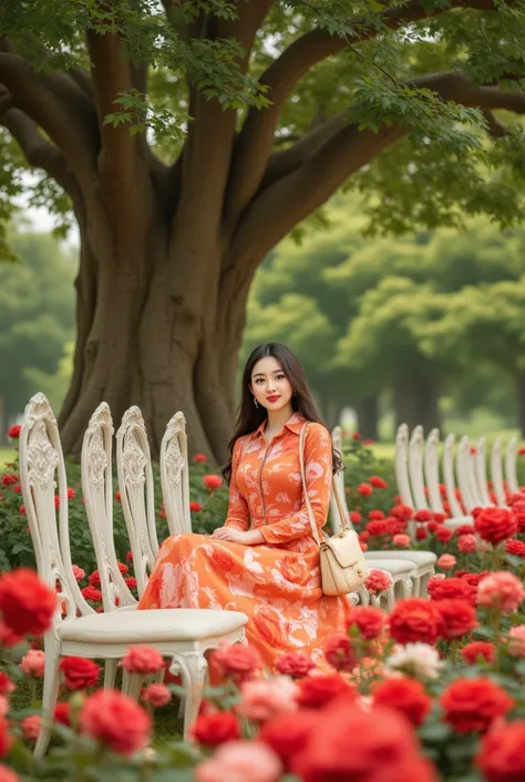   A beautiful young Korean woman with long hair Slightly smiling thin .  dress midi dress collared orange ber large red pink flowers , carrying a bag 
luxurious cream colored .   sitting on a bench of long white chairs under a very large tree , there are r...