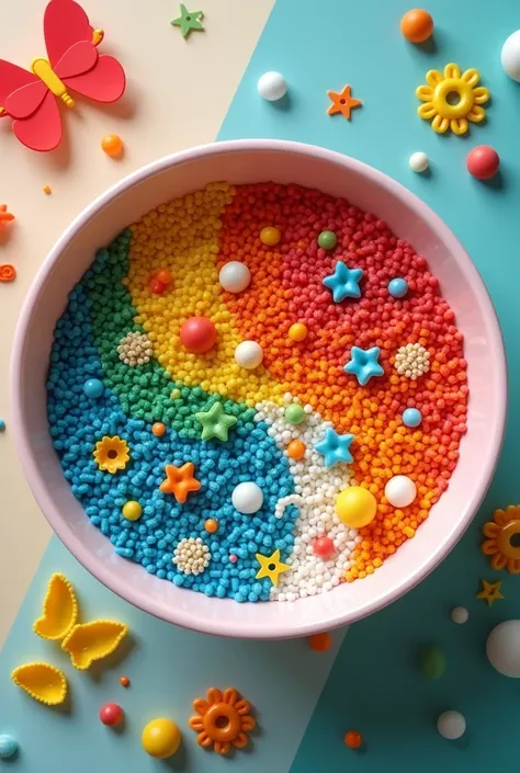 A messy play bowl with Coloured rainbow Rice one side Moon Sand one side with Coloured Pasta and some Oatventure with Sensory construction car toys