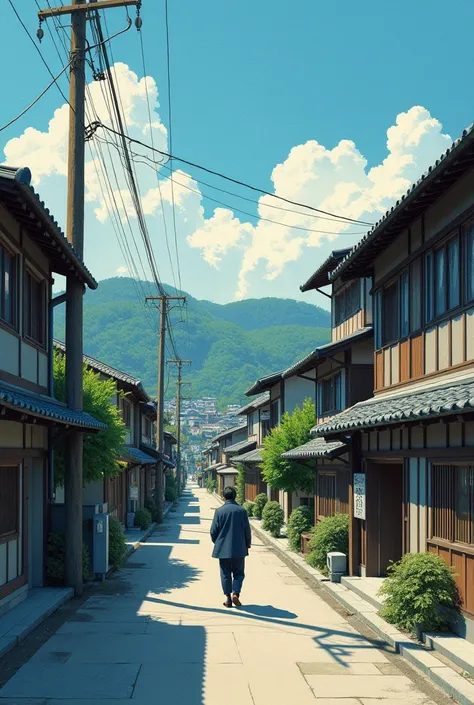 painting of a street scene with a person walking down the street, a matte painting inspired by Hasui Kawase, pixiv contest winner, ukiyo-e, japanese town, japanese street, japanese village, japanese city, japanese rural town, japanese art style, detailed s...