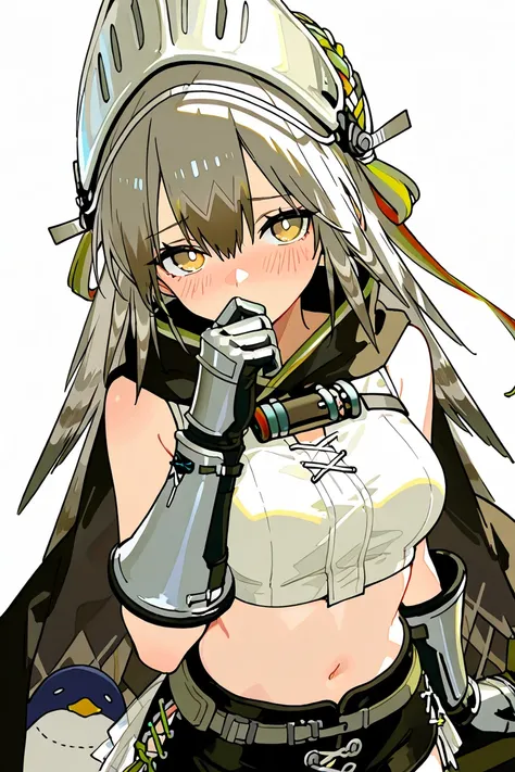 1girl,fartooth\(arknights\),long_hair,yellow_eyes,grey_hair,feather_hair,bangs,breasts,cape,closed_mouth,gauntlets,black_cape,brown_hair,bright_pupils,hair_between_eyes,bare_shoulders,hat,sleeveless,white_headwear,shirt,jacket,midriff,skirt,crop_top,navel,...