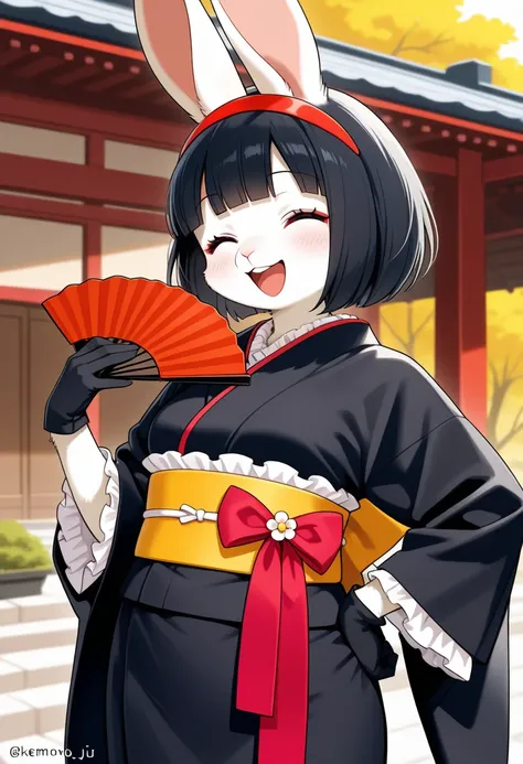 1girl, (furry, kemono:1.4), rabbit girl, animal nose, rabbit ears, red eyes, laugh, elegance, ojou-sama pose, , hand fan, gloves, solo, yellow eyes, japanese clothes, black hair, kimono, black gloves, black kimono, holding fan, holding, folding fan, lookin...