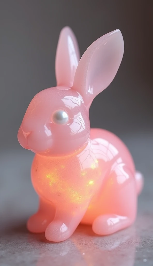 "A rabbit whose entire body is carved from flawless rose quartz. Its surface is smooth and slightly translucent, glowing with a warm, pink aura. Soft, swirling patterns flow through its gemstone body, resembling natural crystal formations. Its eyes are pur...