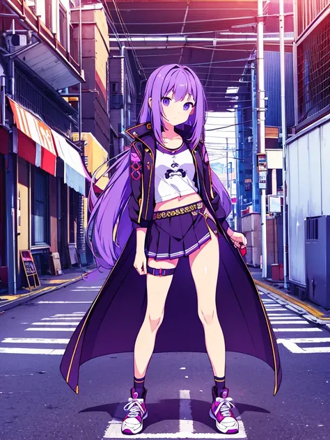 1girl excellent quality 8k perfect anatomy purple hair purple eyes pirate costume techno cyberpunk pirate mini skirt with sneakers with great detail  