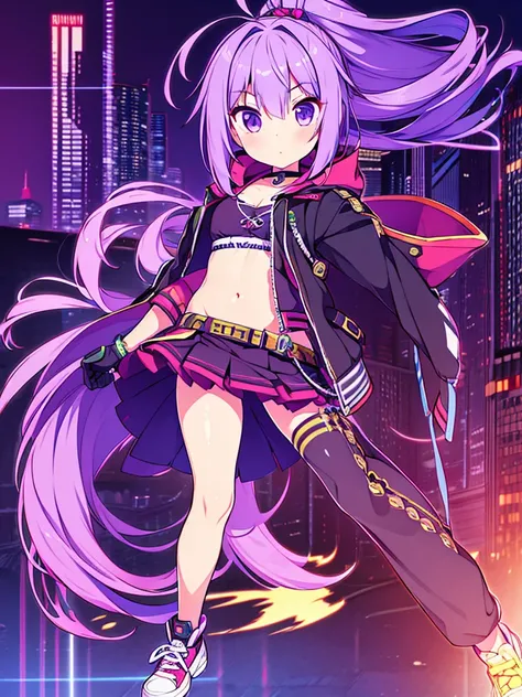 1girl excellent quality 8k perfect anatomy purple hair purple eyes pirate costume techno cyberpunk pirate mini skirt with sneakers with great detail  