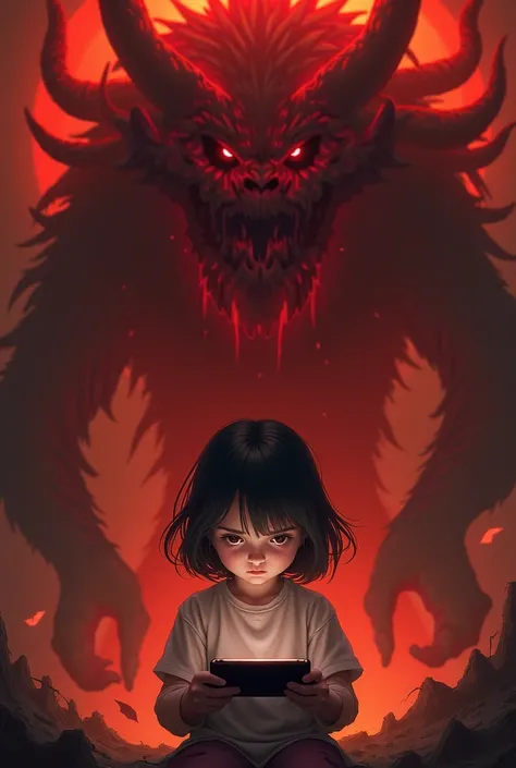 A girl plays a hanphone game while behind her there is a fiery red horror demon Jin around her