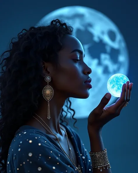 Une femme déesse metisse brune au cheveux noir ondulé avec des bijoux en or, entouré dune nuée de flamme bleu et une lune en diamant bleu dans sa main sous une pleine lune bleu dans une pluie d’étoile dans la voix lactée 