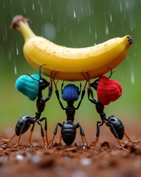 image seen from the side. There are 3 ants lifting a banana above their heads which are wet with raindrops. The ant in the front is wearing a turquoise beanie, the ant in the middle is wearing a blue beanie and the ant in the back is wearing a red beanie. ...