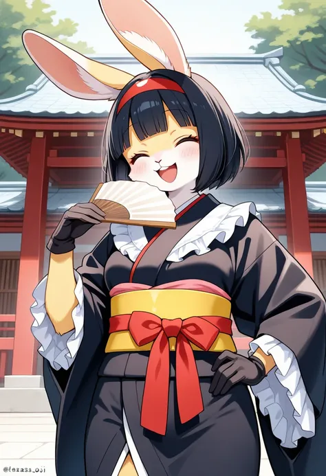 1girl, (furry, kemono:1.4), rabbit girl, animal nose, rabbit ears, red eyes, laugh, elegance, ojou-sama pose, , hand fan, gloves, solo, yellow eyes, japanese clothes, black hair, kimono, black gloves, black kimono, holding fan, holding, folding fan, lookin...