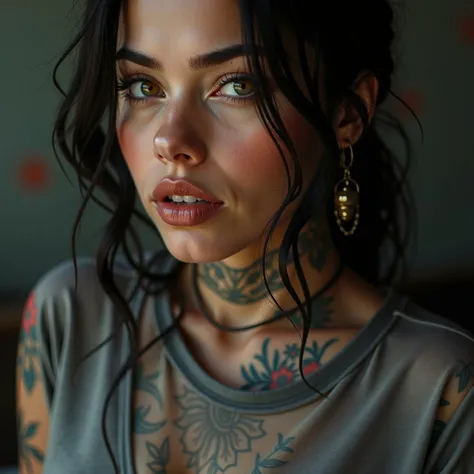 close-up portrait,  blurred background,  full lip milk, amber eyes, oversized t shirt,  big boobs, tatuajes,