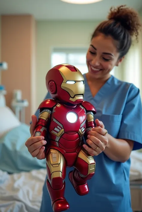 "A newborn Iron Baby, held by a nurse in a hospital room, wearing the full iconic Iron Man suit, but in a tiny, baby-sized version. The red and gold armor gleams, with a small glowing arc reactor on the baby’s chest. The nurse, in blue scrubs, looks surpri...