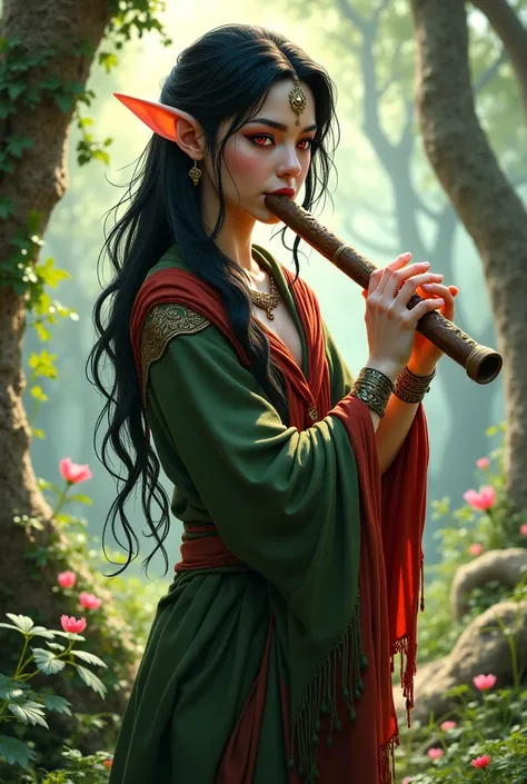  Elf, the bard,  red eyes,  black hair, Asian, the flute