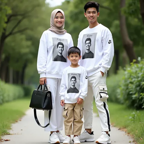  A young man and woman stand side by side outdoors ,  both wore matching white jerseys with black and white portrait prints.  The man's sweatshirt features the word Papa above his photo ,  while the woman's sweatshirt reads Mama over her shirt .  The man i...