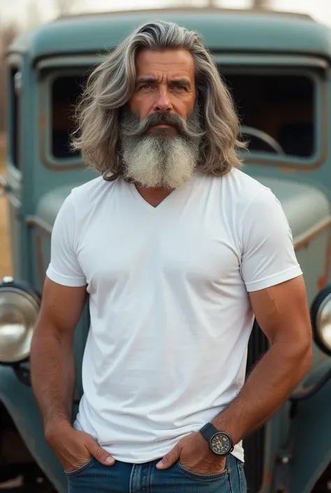 Man with long wavy hair and gentleman-style beard with gray hair With short sleeve white t-shirt and jeans .  posing in front of a classic American van 1935