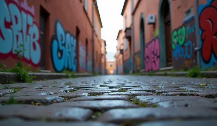 Position the camera low to the ground, using the cobbled road as a leading line that draws the eye toward the buildings in the background. The graffiti-covered walls frame the scene, adding vibrant pops of color.