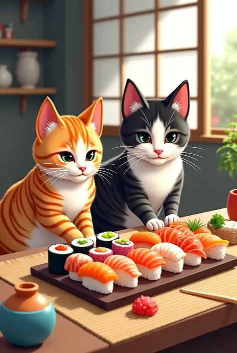 Tabby cat and Siamese cat make sushi