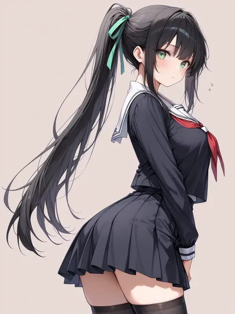 ((masterpiece, best quality, extremely detailed)), 1girl, black hair, long hair, ponytail, green eyes, hair ribbon, school uniform, black thighhighs, looking at viewer, cowboy shot, no cropping, simple background,