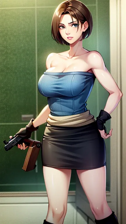 Zirle, jill valentine, 1 girl, large breasts, arms, gun, skirt, cleavage, Clothing around the waist, blue eyes, fingerless gloves, gloves, short hair, zombie, blonde hair, clock, pencil skirt, sweater around waist, large chest, holding, wristclock, straple...