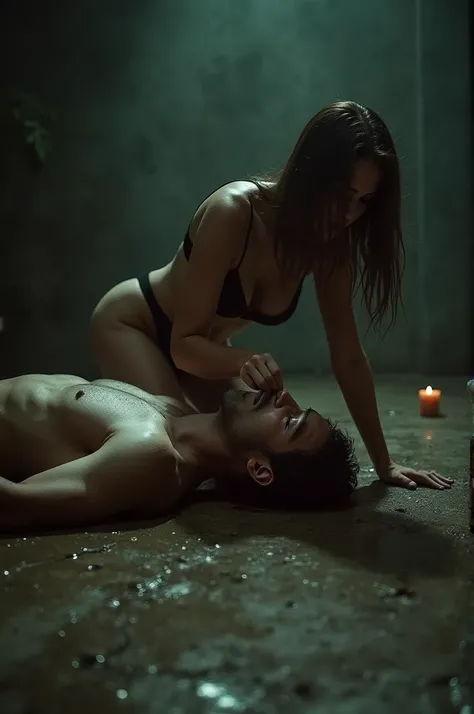 A sexual horror scene where a naked man layed on ground and his penis was sucking by an naked woman which face was  but looking sexy and horny , big boobs and scary atmosphere 