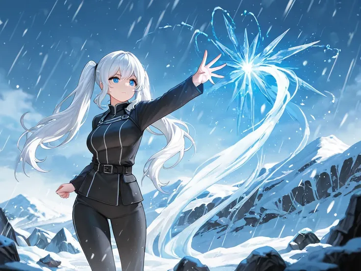  1 adult female, white hair ,longtwintails,Blue eyes,masterpiece, top quality, Search Durres,magic,magic진,ice storm