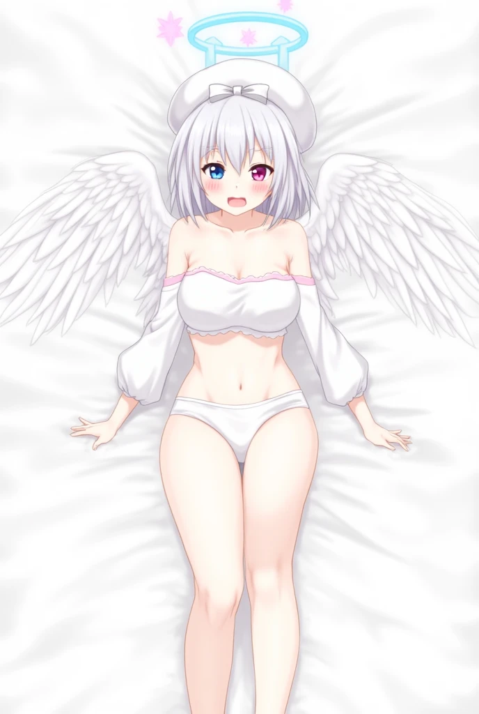 drawing of a girl with short white hair and angel wings, beautiful angel girl, light blue angel halo with light two pink cross beside,  winged angel girl, full white skin, pink right eye, blue left eye , wearing a white beret with a small white bow, white ...