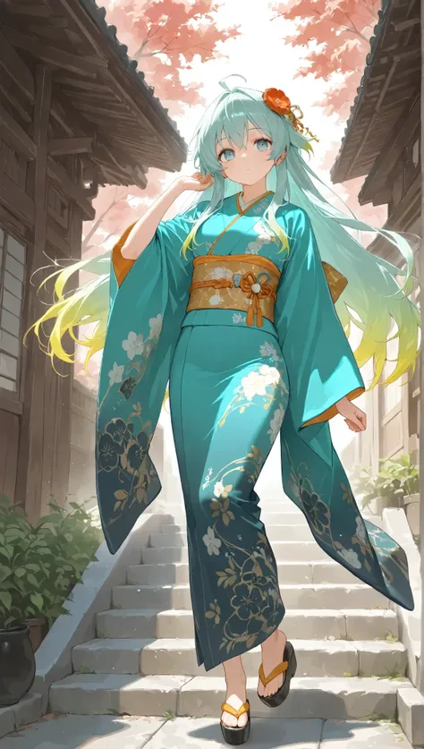 score_9, score_8_up, score_7_up, (masterpiece, best quality:1.5), 1girl, solo, yubu, UHD, kimono, full body, w hite and green gradient hair