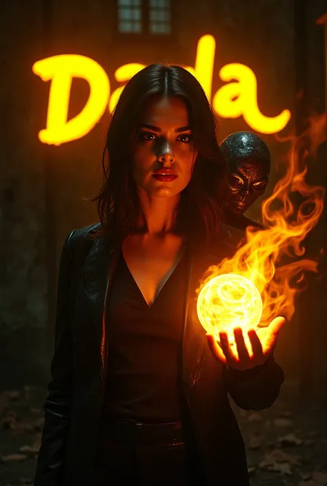 une femme brune l'air menaçant avec une boule de flamme dans la paume de la main en dessous d'un neon jaune fluo écris DANA sur un fond noir  avec un alien sur l'epaule