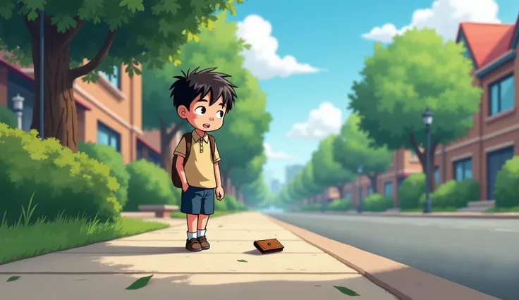 Scene 1: Finding a Wallet
Image: a boy  named Ton is walking home from school when he spots a wallet on the sidewalk.
Caption: He looks around to see if anyone is nearby, but the street is empty.
