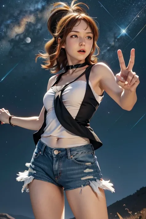 hilda, strapless blouse,  short hair ,  orange hair, collar,  slim body breasts,  small bust,  tall cowgirl , jeans,  pretty legs, landscape, mountainous, Outstretched hand,  starry sky,  Full Moon,