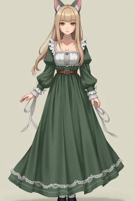 (Detail),( top quality),1 woman,  white skin ,  left golden eye (scar above eye ) ,  right brown eye ,  beige straight hair  ,  gray cat ear ,  green long dress  ( chest area white ,  white lace on arm sleeves ,  white lace on the sleeve ),  brown belt at ...