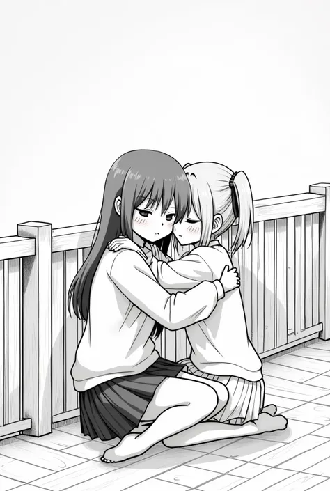 Hatsune miku and Waguri  are hugging on a porch, a manga drawing by Eizan Kikukawa, tumblr, shin hanga, black and white manga page, hugging together cutely, moebius and makoto shinkai, pixivs and junji ito, ( ( ( yoshinari yoh ) ) ), sui ishida art manga