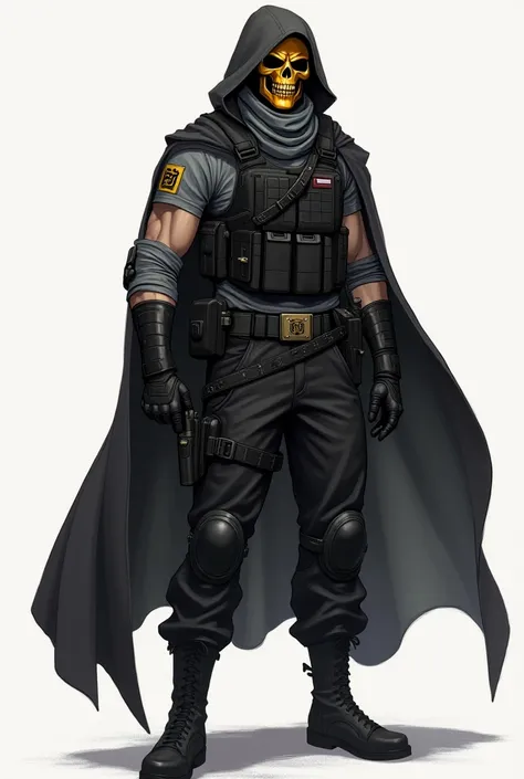 anime style, anime guy, golden skull mask all over the head , black cloak,  leather boots, black loose-fitting pants with knee pads, double leather belt,  leather pouches on the belt, grey half mask scarf, black military bulletproof vest over a grey tank t...