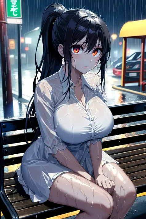 It's a rainy night on town,a pretty girl is sitting on bus stop bench,open chest white blouse,big breasts,sharp eyes,black long ponytail,wet and shiny skin