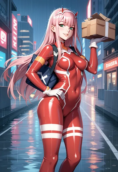 1girl, zero_two_(darling_in_the_franxx), solo, pink_hair, long_hair, bodysuit, red_bodysuit, horns, breasts, smile, green_eyes, looking_at_viewer, full_body, medium_breasts, rain, covered_navel, skin_tight, standing, white_hairband, outdoors, hairband, bui...