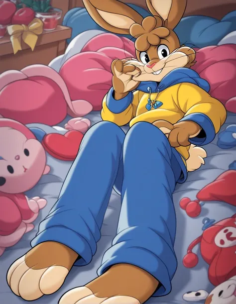 zPDXL3,quicky,4 fingers,brown fur, blue pants, yellow winter sweater, French style, sitting down on the bed in the bedroom, young 25 year old adult, 6 feet tall, cute version of quicky, cute rabbit hair, furry, rabbit, male, femboy, slim,solo,looking_at_vi...