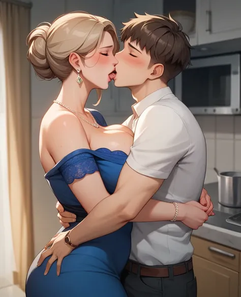 1girl, 1boy, anime , curvy women , huge , dress white, She loves sex, Cheating wife, big boobs، mother, stepmother، sex hungry، Shy woman، Her breasts are high on the boy 50 year old mother، Hugging his mother، They are standing in the kitchen، My husband ...