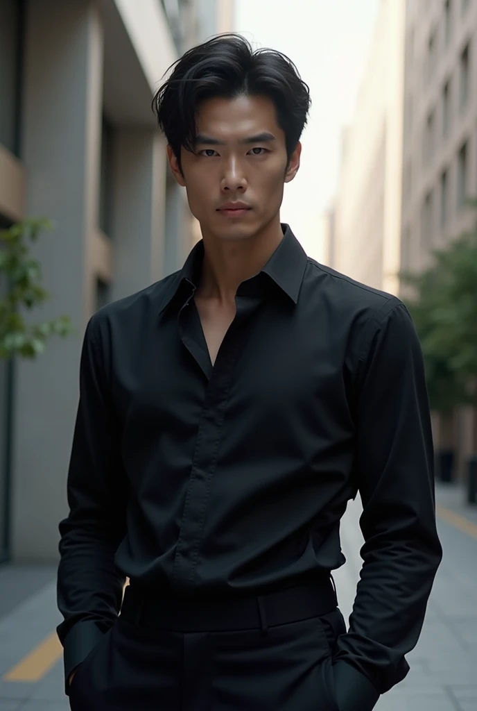 Create an image of a cool, tall Japanese man in a black shirt with long sleeves