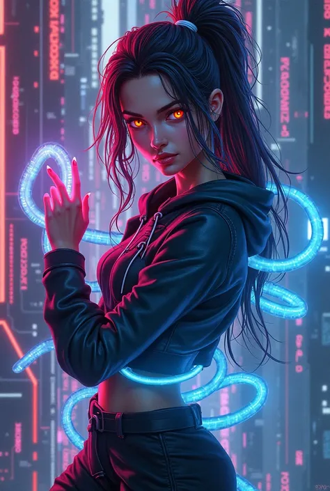 Zoe cyberpunk hacker with holographic snakes, digital code glowing, futuristic background, TFT style