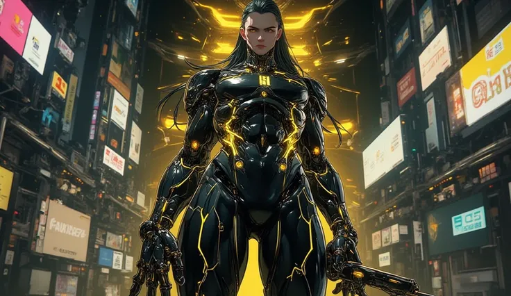 AI man with cybernetic full black body with shining gold lines, very tall, with thick thighs, wide hips, long legs, high heel, and a slender waist. glowing Yellow eyes, long flowing black hair. Alluring, looking directly at the camera. Giant ultrafast dich...