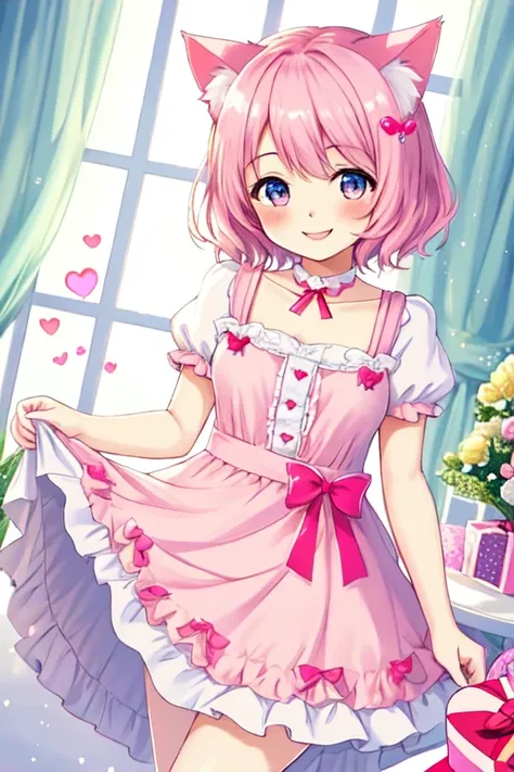 Top quality, high resolution, detailed, beautiful picture quality, one girl, cute pale pink dress with frills, short hair, cat ears, lolicon feeling, smiling face, cute design based on pink, overall sweet and dreamy atmosphere, hearts and gift boxes are dr...